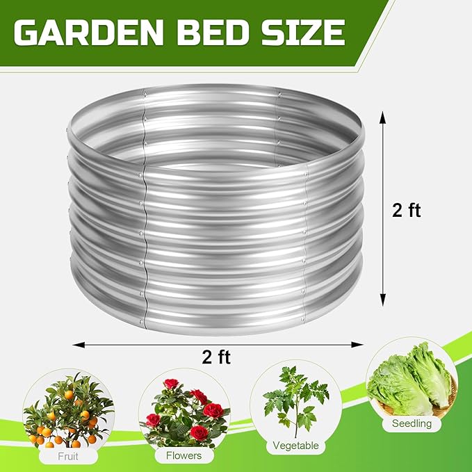 AHEONLAR 3PCS 2x2x2FT Galvanized Raised Garden Bed Kit Round Metal Flower Box Large Planter Raised Beds Outdoor Garden for PlantingFruitHerb Silver