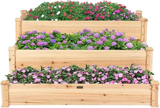 GRAFFY 3-Tier Raised Garden Bed Wood Elevated Planter Box Outdoor Planting Bed for Vegetable Flower Herb Plant Display Container Rack for Grass Lawn Patio Backyard