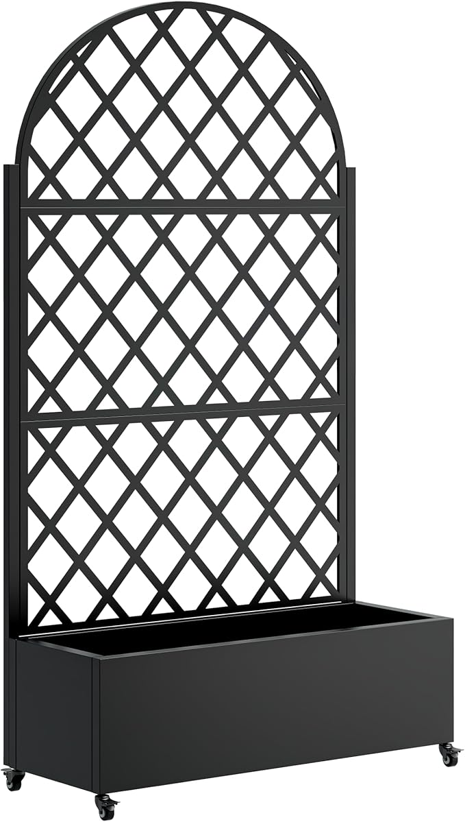Round Metal Planter Box with Trellis and Built-in Drainage System Raised Garden Bed with 4 Wheels Trellis &amp Privacy Screen for Climbing Plants Vegetables Vines