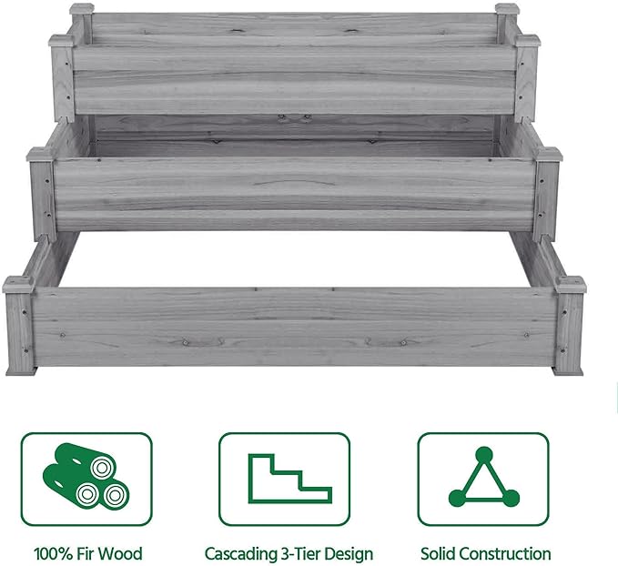 Topeakmart 3 Tier Raised Garden Bed Wood Garden Box Wooden Vegetables/Flower/Herb Elevated Garden Planter Boxes Outdoor Gray