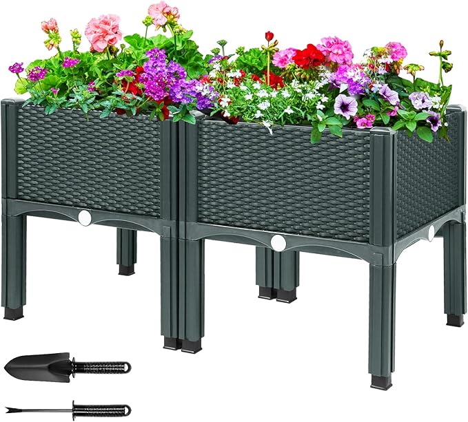 MAYOLIAH Raised Garden Bed with Drainage Elevated Planter Box Plastic Raised Beds for Gardening Vegetables Herb Flowers Perfect for Indoor Outdoor Planting 2 Boxes Grey
