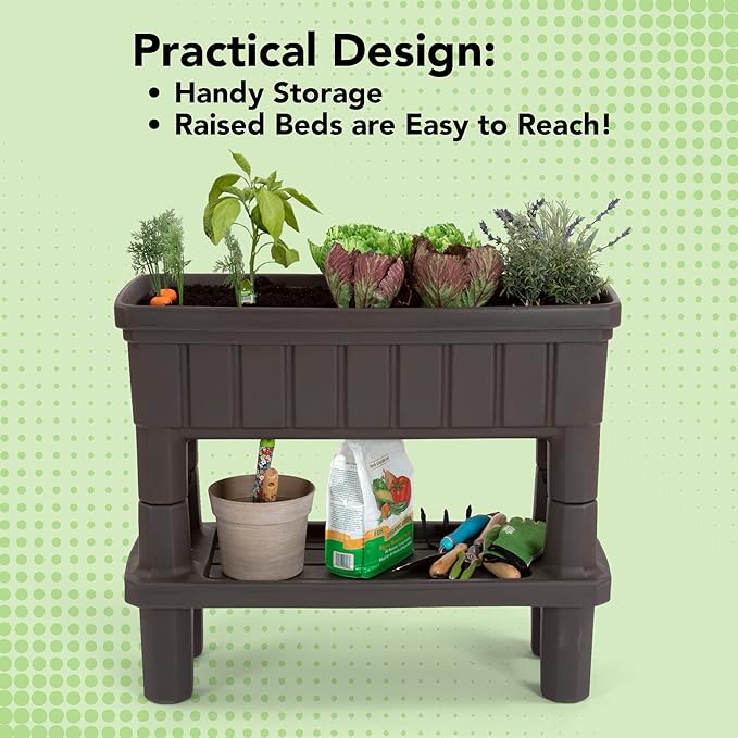 Simplay3 American Home Raised Garden Bed Outdoor Planter with Garden Tools Storage Shelf 36 L x 30 H Garden Bed Dark Brown