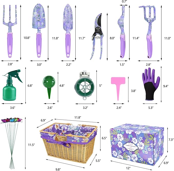 EAONE 43Pcs Garden Tools Set with Basket Floral Gardening Hand Tools Gardening Gifts for Women and Plant Lovers Heavy Duty Tools Kit Including Gardener Gloves Trowel Weeder Hand Rake and Pruner