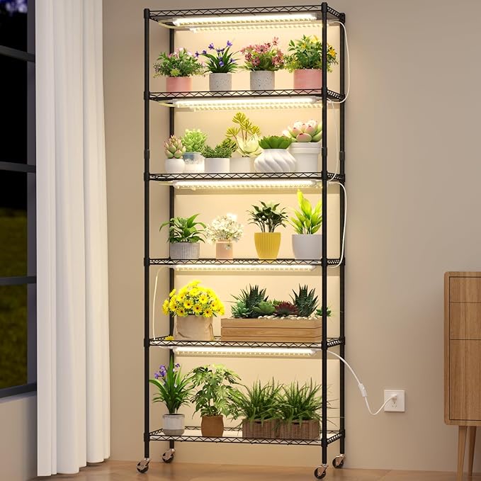 Plant Shelf with Grow Light DIY 6-Tier Plant Stand with Grow Light Adjustable Rack and Wheels 8 Pack 24 192W T8 Full Spectrum Grow Lamp for Indoor Plants Seed Starting Vegetable 29x13.5x73.5