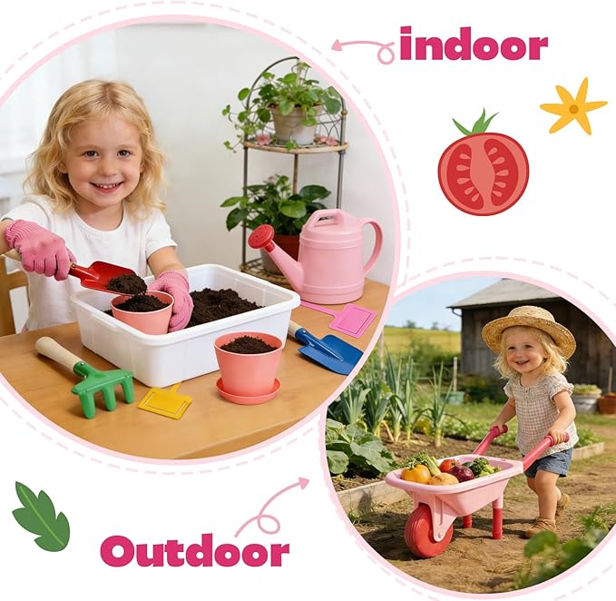 CUTE STONE Kids Gardening Tool Set Pink Wheelbarrow with Garden Toys with Watering Can Gloves Hand Rake Shovel Trowel Outdoor/Indoor Pretend Play Toys for Toddlers Boys Girls Age 3+