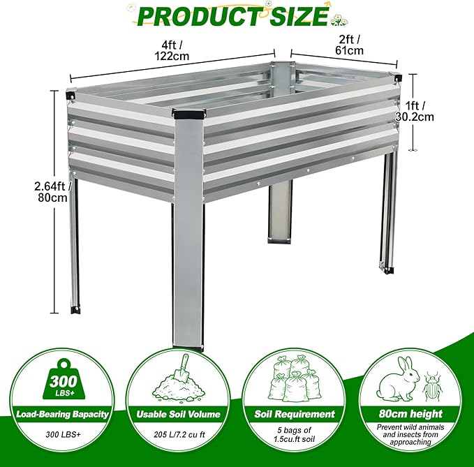 Galvanized Raised Garden Bed with Legs 48x24x32in Elevated Raised Garden Bed Outdoor with Drainage Holes Planter Boxes for Gardening Vegetable Flower Fruit in Backyard Patio Balcony (Silver)