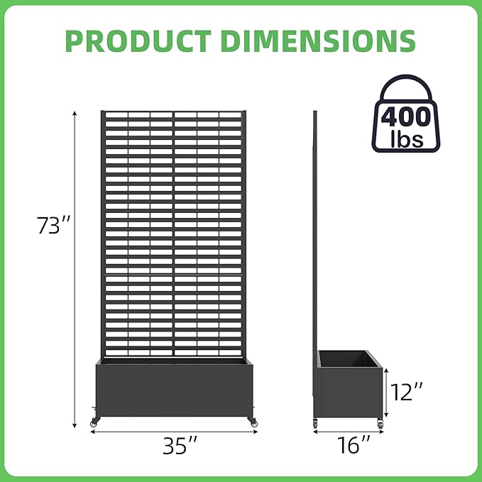 Metal Planter Box with Trellis 73x 35x 16 Raised Garden Bed with Wheels and Drainage Holes Planter with Trellis for Garden Balcony and Patio Black Louvered