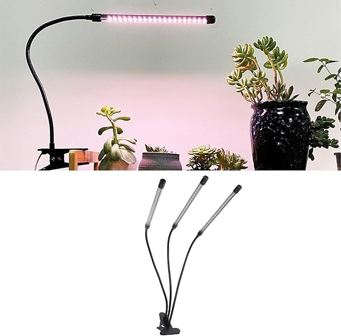 LED Grow Lights Full Spectrum 3 Head 12W Clipes On Indoor Plant Growing Lighting with Gooseneck 3 Timer 10 Dimmable Levels Three Light Modes Red Blue Warm (Head 12W)