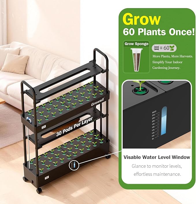 Large Hydroponics Growing System Kit 60 Pods Vertical Indoor Herb Garden Kit with 2 Light Modes &amp Auto Circulating Water System 32L Movable Indoor Gardening System for Herb Vegetable Fruit