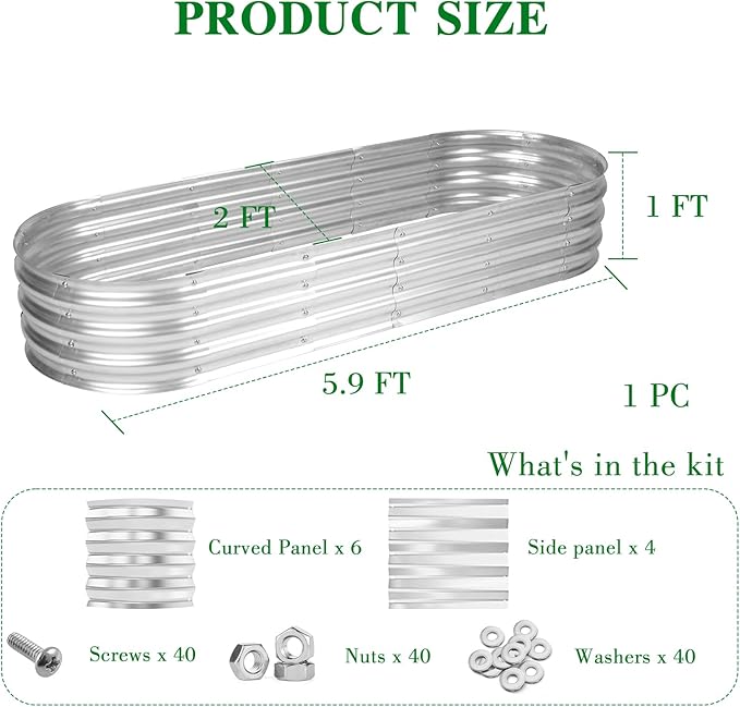 5.9 x 2 x 1 Ft Galvanized Raised Garden Bed Kit Outdoor Oval Planter Box for Vegetables Flowers Herbs Deep Rooted Silver
