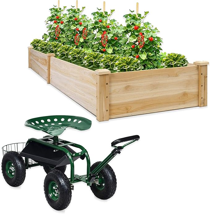 S AFSTAR Raised Garden Bed Above Ground Planter Box for Vegetable Herb Grow Wood Flower Bed with Rolling Garden Cart Set Convenient for Planting