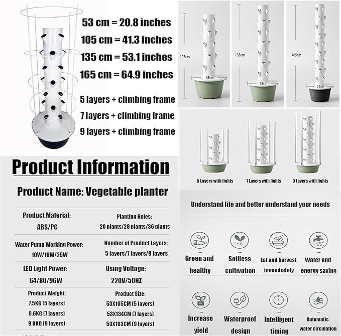 Auto Water Circulate Hydroponics TowerSoilless Cultivation Vertical Tower Farming Garden PlanterHydroponics Growing Towerwith Water Circulation and Automatic Timer Black-7layers+plantlight