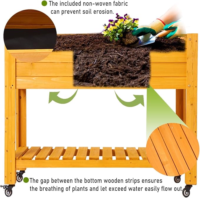 FORTUNO Raised Garden Bed with Wheels 48x24x33 Large Wood Planter Box with Legs Outdoor Mobile Wooden Elevated Raised Beds for Vegetable Flower Standing Gardening Box with Liner for Patio Deck
