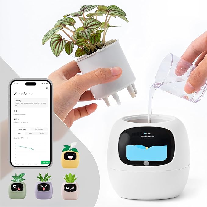 Smart Planter with App Control Self-Watering AI Plant Pot with LCD Display Interactive Desk Plant Companion for 100+ Plants Smart Indoor Planter with Pomodoro Timer80ml ReservoirCalendar-White