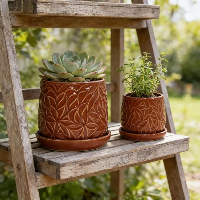 Handmade Ceramic Flower Pot with Leaf Pattern 6 8 Inch Diameter Rust Red Color for Orchids IndoorOutdoor Use on Windowsills Bookshelves Breathable Clay with Saucer