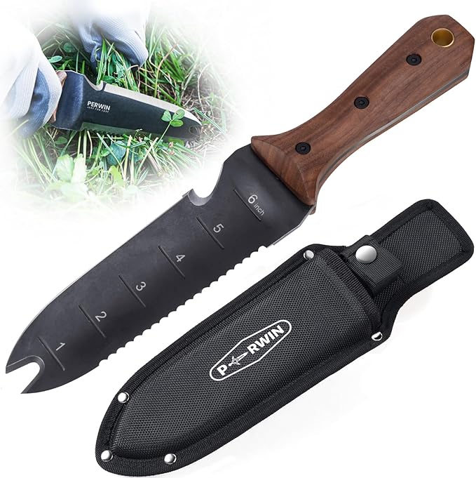 Hori Hori Garden Knife Garden Tools with Sheath for Weeding Planting Digging 7 Stainless Steel Blade with Cutting Edge Full-Tang Walnut Wood Handle with Hanging Hole