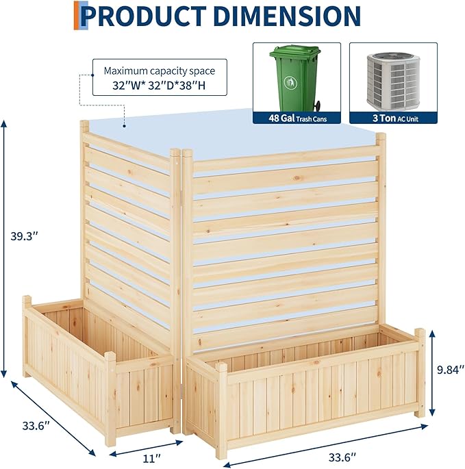 2-Panel Outdoor Privacy Screen with Planter Box 33X40 Wooden Fence Cover for Patio &amp Garden Perfect for Hiding AC Units Trash Cans Pool Pumps &amp Equipment Natural Decorative Backyard Div