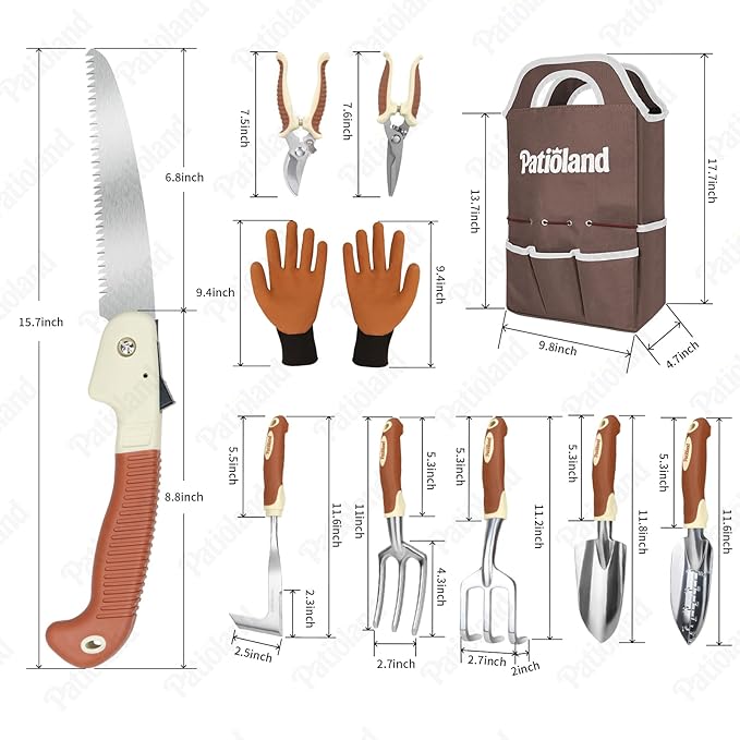10-Piece Garden Tool Set Brown Gardening Hand Tools with Non-Slip Handles Heavy Duty Rust-Proof Aluminum Tools Organizer Tote Bag &amp Gardening Gloves Ideal Gardening Gifts for Women and Men