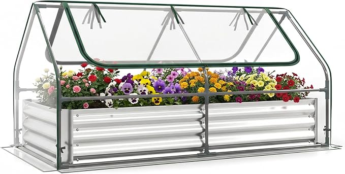 Happygrill Raised Garden Bed with Cover Galvanized Planter Boxes Outdoor w/Mini Greenhouse 2 Roll-up Windows &amp Open-Ended Base Metal Growing Raised Bed for Vegetables (Silver 72” x 36” x 37”)