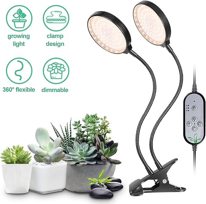 USB Plant Grow Light 234 LEDs Full Sunlight with 5 Adjustable Brightness Levels 3 Heads Black Desktop Clamp Lamp - Timer Controlled 360° Flexible Ideal for Indoor Plants and (2 Heads)