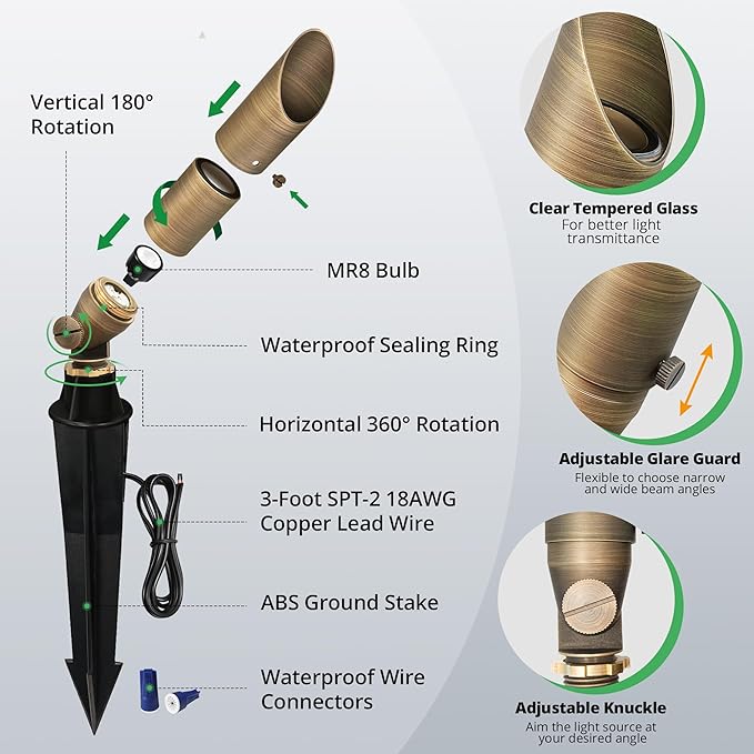 GKOLED Low Voltage Solid Brass LED Spotlight with MR8 Bulb Outdoor Waterproof Landscape Lighting Adjustable Uplights with Stake for House Garden Trees Lawn Patio Yard Fence 3W 12V 180LM 2700K