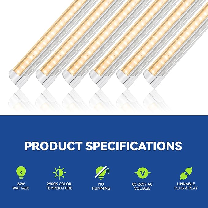 Monios-L Led Grow Lights for Indoor Plants Full SpectrumT8 2FT 144W(6x24W) High Output Growing Strips for SeedlingsSunlight Replacement with Reflectors 6-Pack