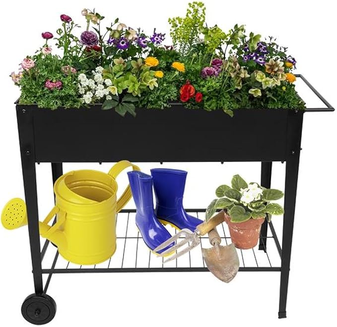 Dawn Mobile Metal Raised Garden Bed Cart with Legs Elevated Tall Planter Box with Wheels for Outdoor Indoors House Patio Backyard Vegetables Tomato DIY Herb Grow Black