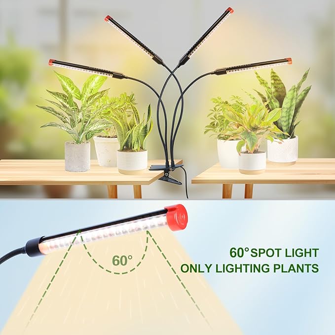 4Head Strong Clip Grow Lights for Indoor Plants Seed Starting Bonsai 4/8/12/16/20H Timer 36 Watt Power Draw NO Need Adapter Bright and Big Coverage Best Gift for Plants Lover