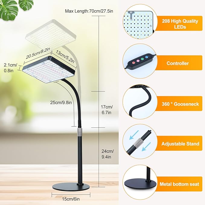 FECiDA Tabletop Grow Lights for Indoor Plants Full Spectrum Desk Grow Lights for Seed Starting Bonsai 4/8/12/16/20 Hr Timer 208PCS LEDs 2000 Lumen Bright Enough 16-24 Height Adjustable