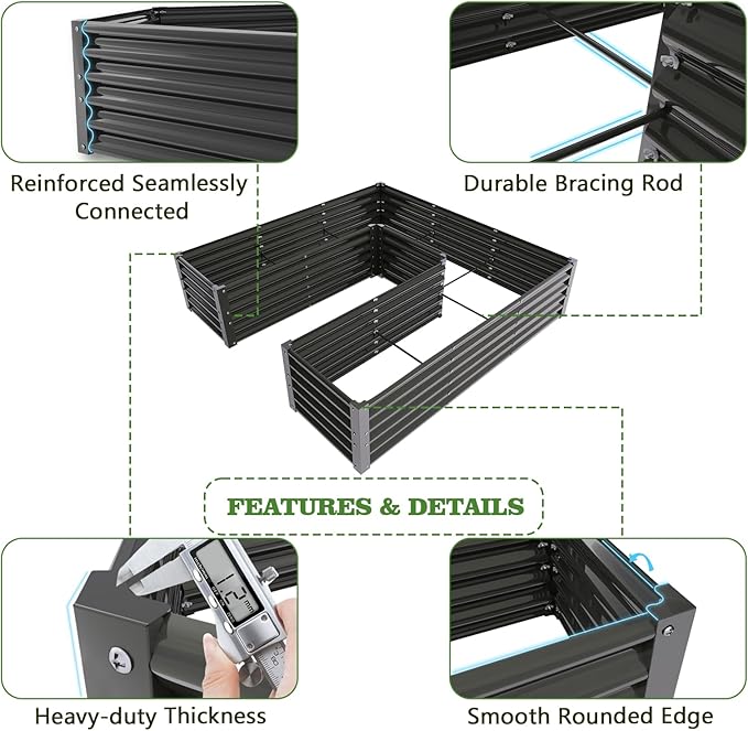 A ANLEOLIFE 4 Set U-Shaped Galvanized Raised Garden Beds Outdoor6x6x1.5ft Large Metal Planter Box for Planting Vegetables Flowers Herb Anti-Rust &amp Easy-Setup Quartz Grey