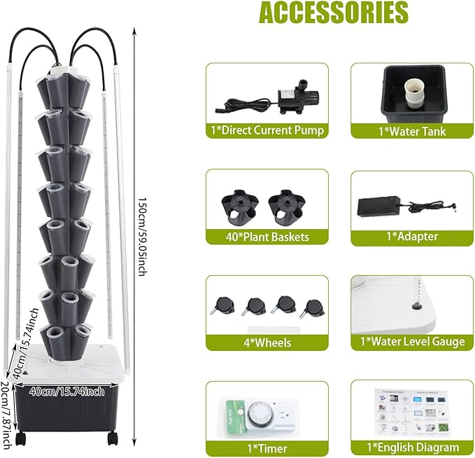 Hydroponics Growing System Tower Kit with Led Light 40pods Vertical Hydroponic Tower 8 Layer Hydroponics Tower Indoor Garden for Herbs Fruits and Vegetables (Black)