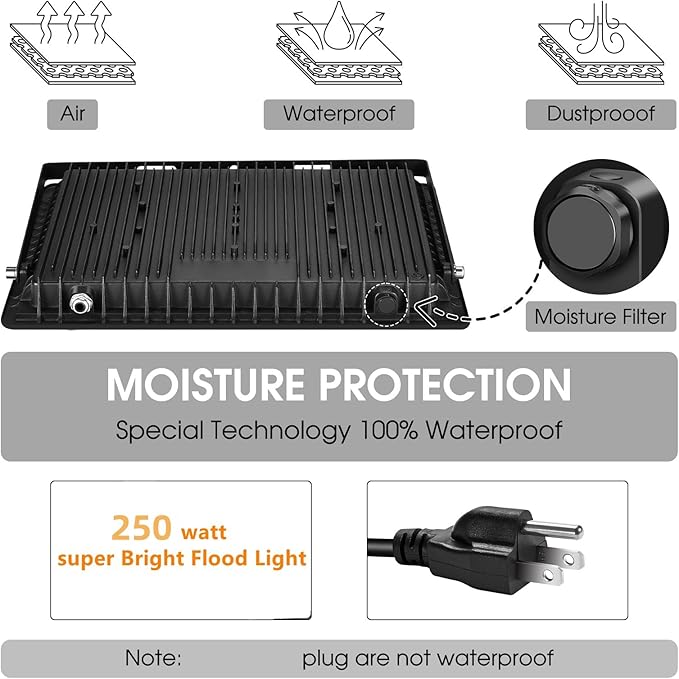 2 Pack 250W Led Flood Lights OutdoorSuper Bright 37000LM Security Lights with PlugExterior IP66 Waterproof 5000K Daylight White FloodLight for Basketball Court Yard GardenParking lot etc
