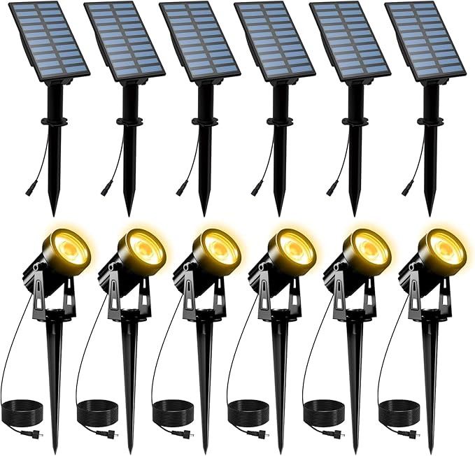 T-SUNUS Solar Landscape Spotlights 6 Pack Warm White IP65 Waterproof Spot Lights 9.8ft Cable Outdoor 3000K Separated Panel for Yard Garden Driveway Porch Walkway Pool Patio