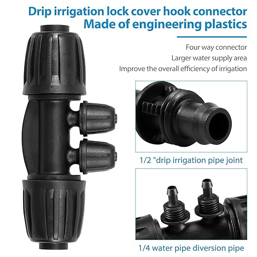 40 PCS Drip Irrigation Fittings 4-Way Lock Barbed Connectors 1/2 Inch to 1/4 Inch Anti-Drop Tee Fitting for 1/2 Irrigation Tubing (16mm OD 0.60-0.63) Garden Lawn Farm Drip System Parts