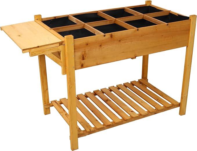 49(L) x22(W) x32(H) 8 Pockets Horticulture Raised Garden Bed Elevated Wood Planter Box Stand Storage Shelf with Foldable Side Table for Vegetable Flower Backyard Patio Gardening BalconyBrown