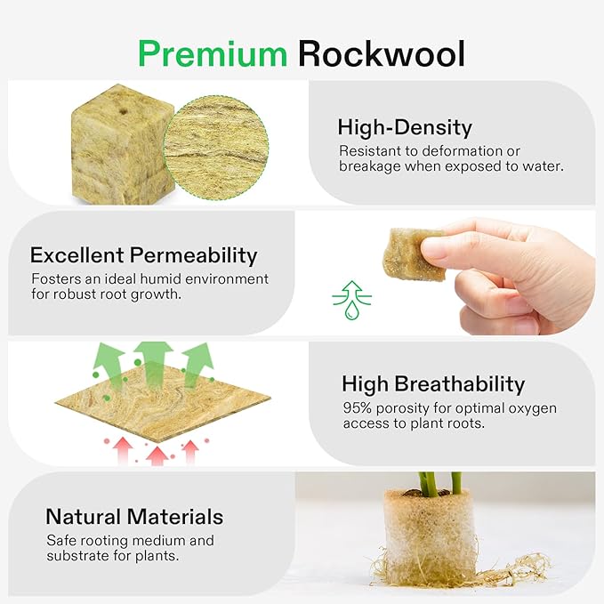 VIVOSUN 72 Rockwool Cubes &amp Net Pots Set for Hydroponics 1.2” x 1.2” x 1.6” Cubes 72 Plugs &amp 72 2” Net Cups for Hydroponic Growing Seed-Starting Cloning Tower Gardens