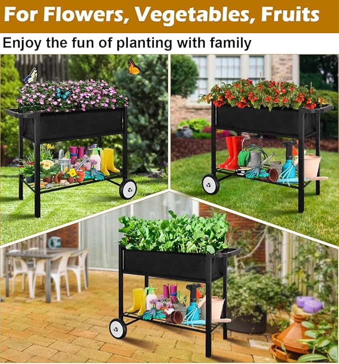 Koutemie Outdoor Raised Planter Bed Box with Legs for Gardening Elevated DIY Garden Cart on Wheels for Vegetables Flower Tomato Herb Plant Black