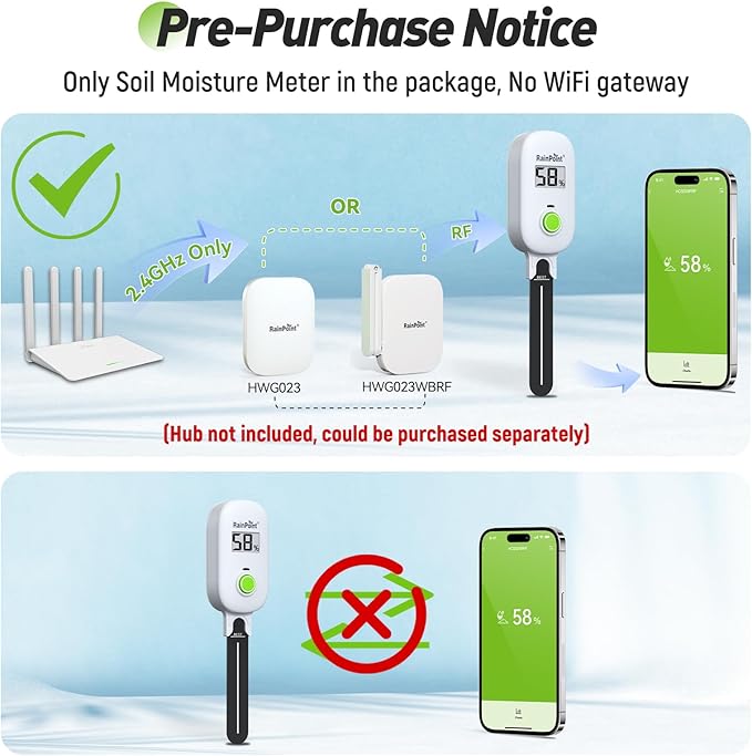 RAINPOINT Smart Digital Wireless Plant Moisture Meter Houseplant IndoorWiFi Hub NeededCapacitive ProbeLeave-in Soil Hygrometer SensorReal-time Monitor Humidity Tester Outdoor Gardening