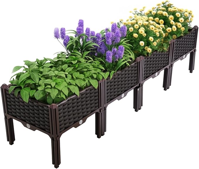 Raised Garden Bed Kit Set of 4 Brown Elevated Planter Boxes 15.4x15.4x15 Inch Polypropylene Containers for Outdoor Indoor Vegetables Flowers Herbs