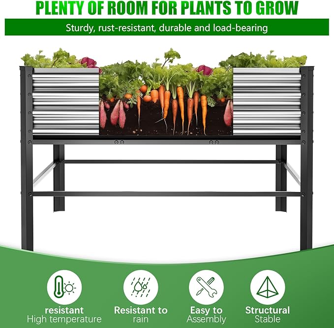 Doniks Raised Garden Bed with Legs 48×48×32in Large Outdoor Metal Galvanized Garden Planting Box1000lb Capacity for Vegetables Lawn Green Flowers Fruits Terrace