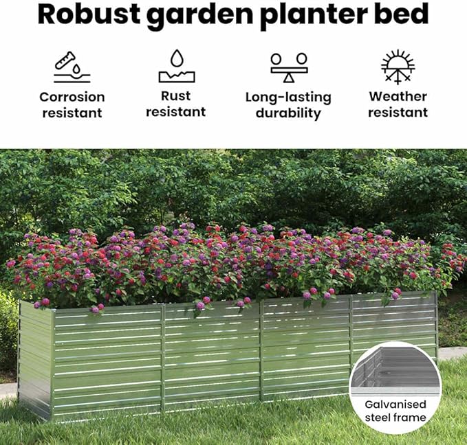 vidaXL Garden Raised Bed Galvanized Steel Planter Pot for Outdoor/Patio/Garden/Balcony - Silver 126x31.5x30.3