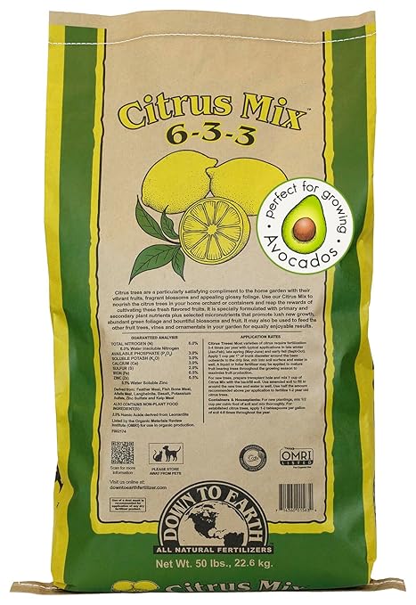 Down To Earth All Natural Fertilizers Organic Citrus Mix - Plant Food for Lemons Limes Oranges and Avocados 6-3-3 50 Lb