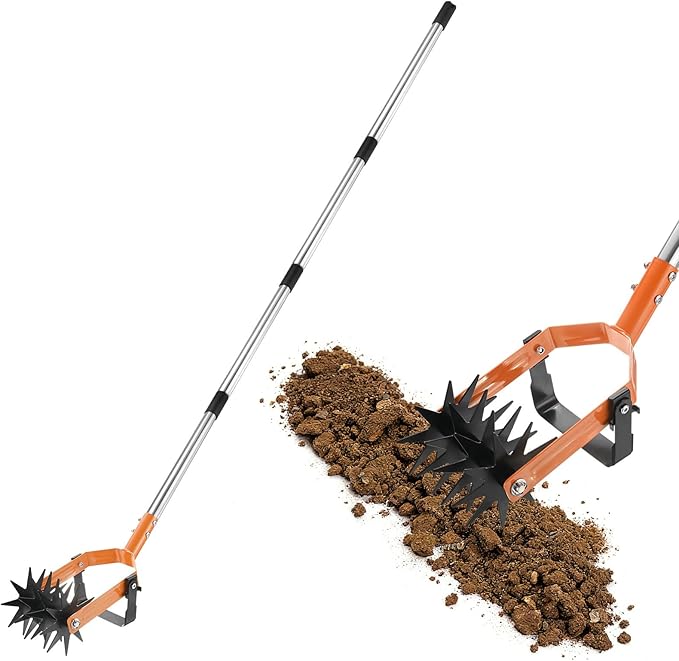 2-in-1 Rotary Cultivator Tool 72 Inch Adjustable Garden Hand Tiller with Star-Shaped Rolling Tines Weeder &amp Soil Aerator for Loosening Mixing Soil/Lawn Care/Reseeding Grass