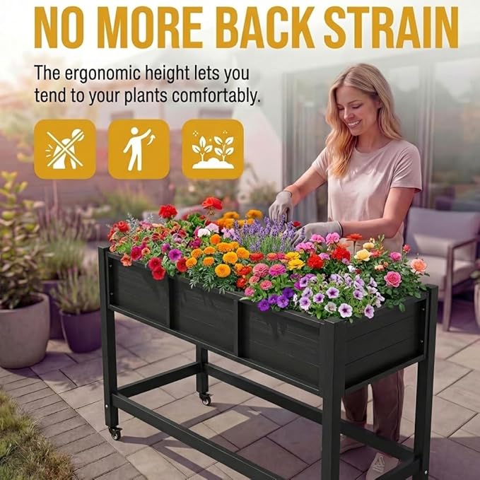 DWVO 47x18x31in Raised Garden Bed HDPE Weather-Resistant Poly Wood Planter Box Stand Planter Box with Legs &amp Lockable Wheels Elevated Garden Bed for Backyard Patio Balcony - Black