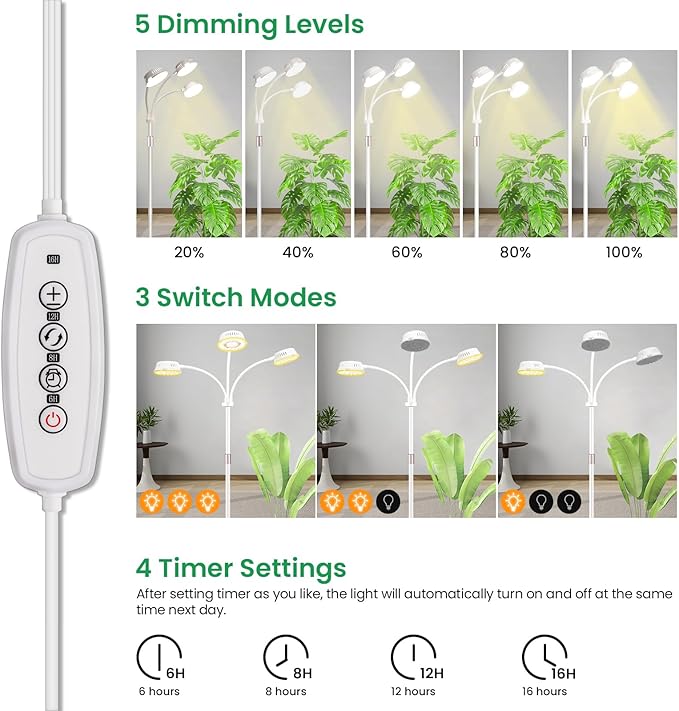 LORDEM Full Spectrum Plant Light for Indoor GrowingTri-Head Grow Light with Stand for Large PlantsAuto ON/Off Timer 6/8/12/16H 5 Dimmable Levels 20-70 inches Adjustable Height