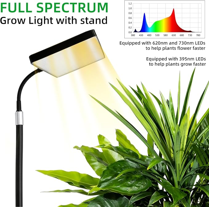 Grow Lights for Indoor Plants LED Full Spectrum Plant Grow Light with Stand Adjustable Height Growing Lamp with Remote Control 4/8/12H Timer 10 Dimmable Brightness 47inch