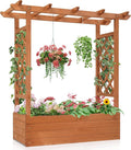 Elevated Garden Bed with Arch Trellis &amp Hanging Roof 44.5 Wooden Outdoor Planter Box for Climbing Vines Flowers Above-Ground Design Privacy Screen with Side Trellis &amp 4 Drainage Holes (Tea