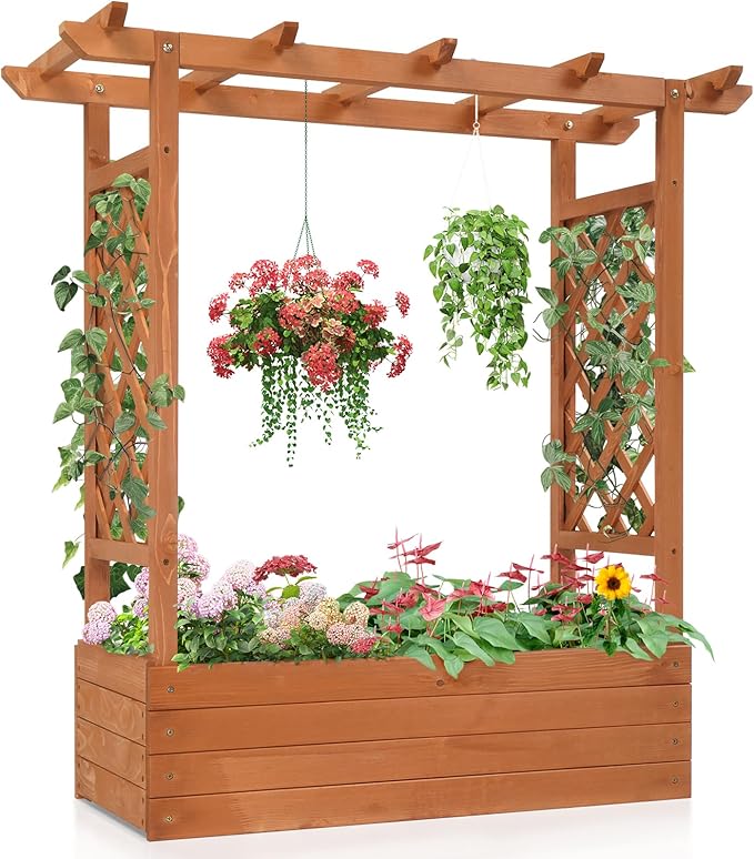 Elevated Garden Bed with Arch Trellis &amp Hanging Roof 44.5 Wooden Outdoor Planter Box for Climbing Vines Flowers Above-Ground Design Privacy Screen with Side Trellis &amp 4 Drainage Holes (Tea