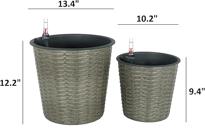 2 Pack Self Watering Wicker Decor Planter for Indoor and Outdoor Round Grey