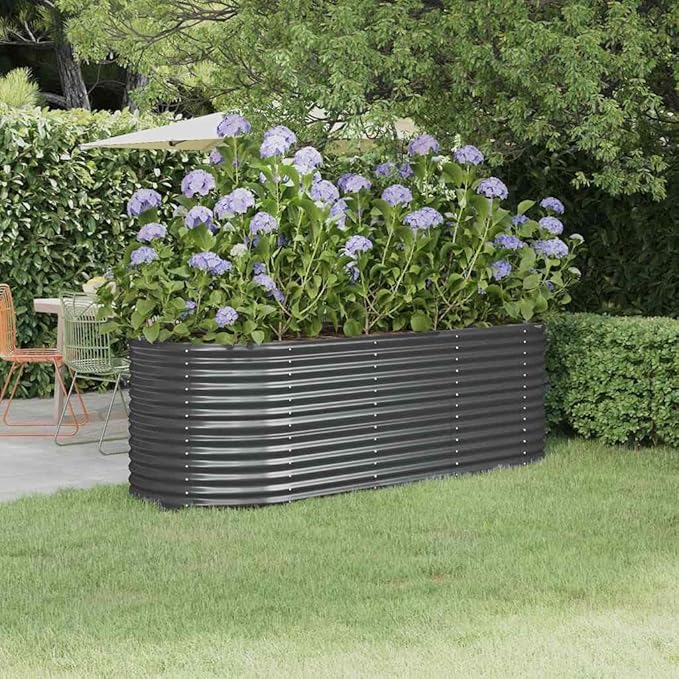 vidaXL Garden Raised Bed 88.2x31.5x26.8 Anthracite Color Powder-Coated Steel Oval Shape Perfect for Outdoor Use - Assembly Required